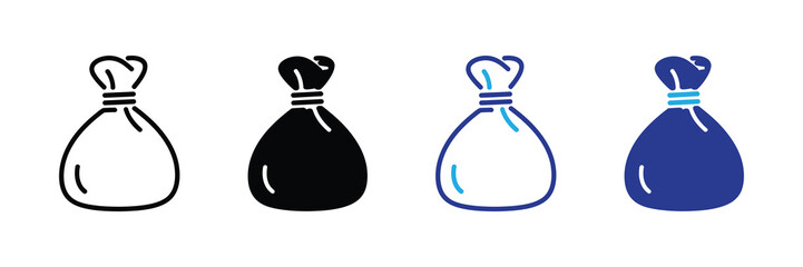 Collection of four drawstring pouches, icons representing different styles and colors, isolated on white background for easy use.
