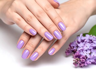 Close-up of manicured hands with lavender nails, next to lilac blooms