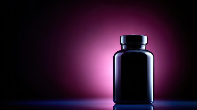 A sleek, black supplement bottle against a vibrant, gradient background.