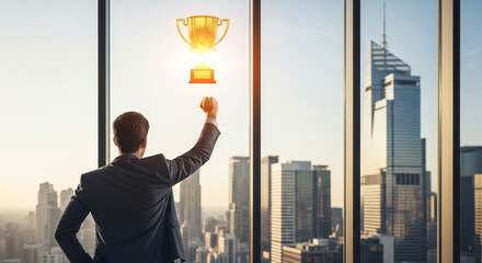 Triumphant businessman raises fist toward glowing golden trophy, overlooking sunlit cityscape, symbolizing ambition, success, achievement, and career goals.