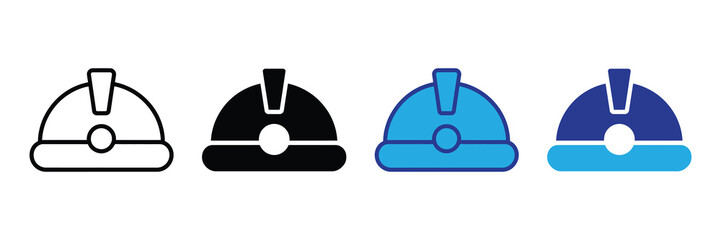 Set of hard hat icons in line, solid black, and blue color variations, representing construction and safety gear for industry professionals.