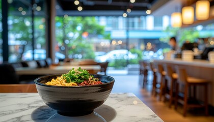 Fototapeta premium Noodle bowl on a marble table indoors. suitable for food blogs, restaurant menus, kitchen decor, asian cuisine websites, recipe cards.
