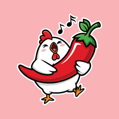 Cute chicken eating spicy chili cartoon vector icon illustration animal food icon concept isolated
