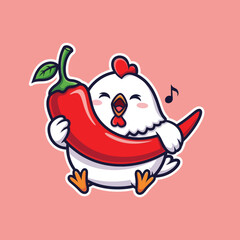 Cute chicken eating spicy chili cartoon vector icon illustration animal food icon concept isolated