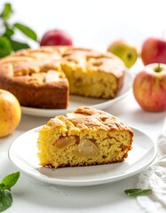 Close-up of sliced apple cake with surrounding fresh apples and greenery