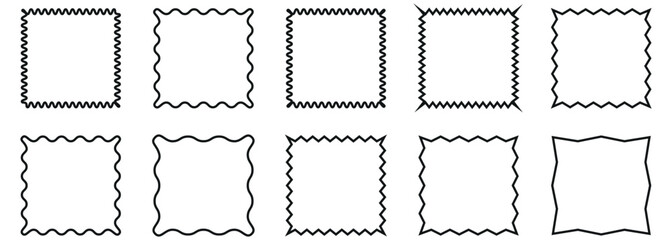 Golden wavy zigzag square frames set. Geometric shapes with scallop and zigzag edges set. Jagged curved box. zig zag, wavy edge shapes, abstract badge.