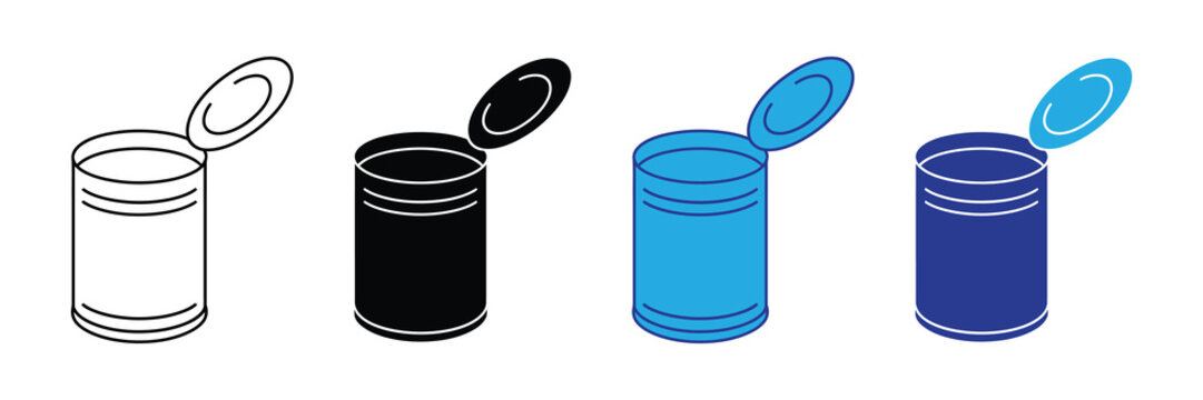 Four open tin cans with lids ajar, rendered in different styles: outline, silhouette, and two color variations, isolated on white.