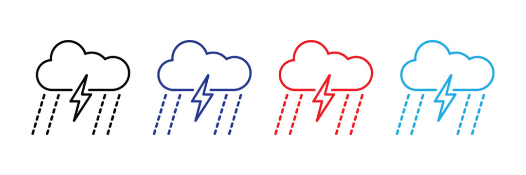 Set of stylized cloud icons with rain and lightning bolts in black, blue, red, and cyan on a white background, representing weather forecast symbols.