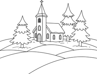 Fototapeta premium Winter church on snowy hills with evergreen trees simple line art