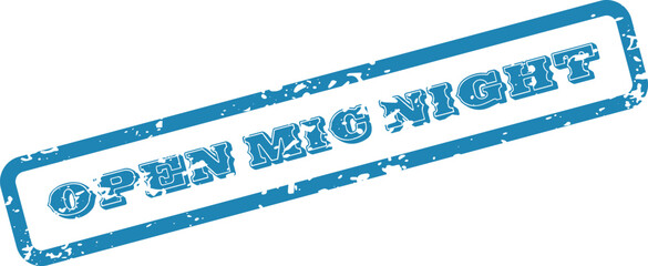 Distressed blue open mic night rectangular stamp conveying a retro feel
