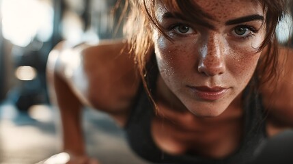 Closeup portrait of a determined young woman with freckles, sweating during an intense workout at the gym, focused and pushing her limits during a challenging exercise session