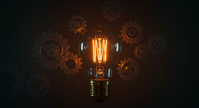 An illuminated filament lightbulb at the center of a complex gear system, representing a metaphor for creative thinking, innovation, and problem-solving