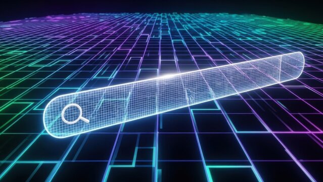 Vibrant search interface featuring colorful gradient search bar with magnifying glass icon displayed on neon rainbow digital grid background with cyan, purple, magenta, and green colors creating dynam
