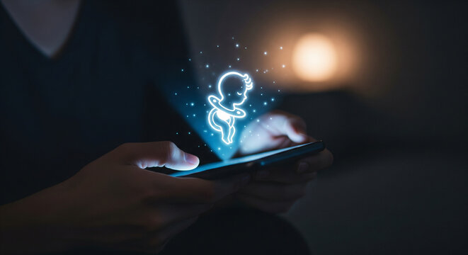 Person holding smartphone with a glowing holographic baby icon projecting from the screen, representing digital health, fertility, and future family planning technology.