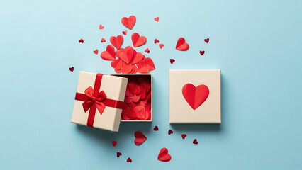 Top-down view of open gift box overflowing with red heart confetti on blue background for valentines day