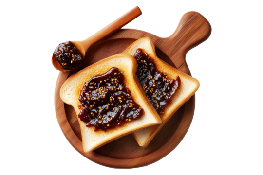 Vegemite Toast bread slices with thick chocolate spread on wooden plate, isolated on white transparent background, concept of Australia breakfast or snack