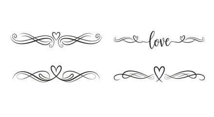 Romantic decorative text dividers featuring hearts and the word "love"