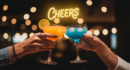 Hands clinking vibrant orange and blue cocktails, with lemon, ice, under a 'cheers' neon sign, symbolizing celebration, friendship, and social nightlife.