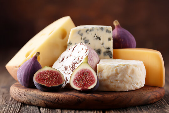 Selection of assorted cheeses with figs on wooden board, presenting rustic gourmet food styling, natural textures, flavor variety and artisanal culinary atmosphere.