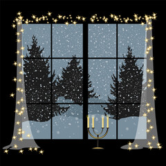 View from the window to the countryside in winter. The window is decorated with curtains and a garland. Christmas Eve.eps
