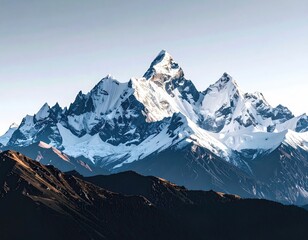 Fototapeta premium Snowy mountain peak against pale blue sky