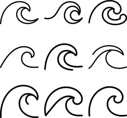 Collection of hand drawn wave illustrations in black and white