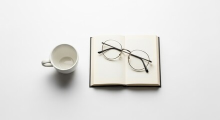 Minimalist Flat Lay: Open Notebook, Glasses, and Empty Mug