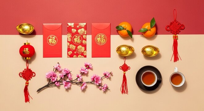 Festive Flat Lay with Red Envelopes and Golden Ingots for Lunar New Year Celebration