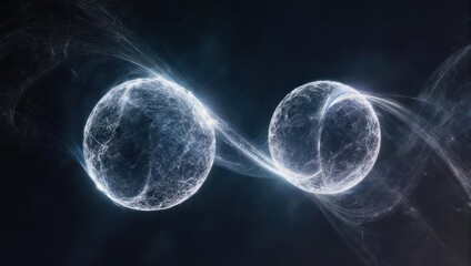 Two luminous, interconnected spheres, emitting ethereal light, are swirling in a dark, nebula-like space.  Intricate, translucent filaments connect and separate the orbs