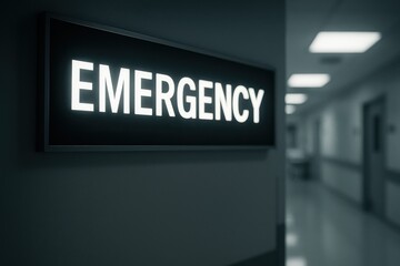 Illuminated emergency sign in hospital corridor signaling urgent medical care needs. Concept of healthcare, urgency, and crisis response in medical environments.
