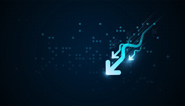 The Finance Futuristic signal trend drop down arrows in chart digital neon blue light Arrows represents digital transformation and strong Backward trends