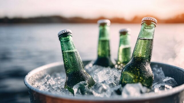Chilled beer bottles in ice bucket on a sunny day near the water