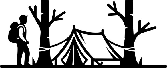 Mountain Camping Scene Silhouette – Camper, Tent, Campfire & Pine Forest