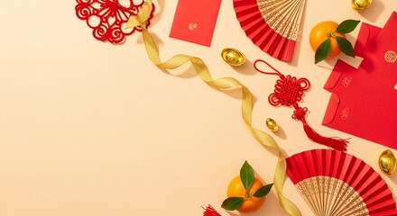 Festive Flatlay Chinese New Year Decoration and Ornament for Celebration