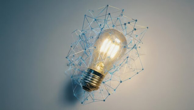 Illuminated lightbulb surrounded by a network of translucent lines