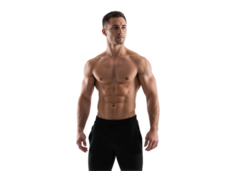 Strong man showcasing athletic physique in a studio setting during a fitness photoshoot