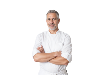 Chef stands confidently with arms crossed wearing a white uniform in a bright kitchen setting