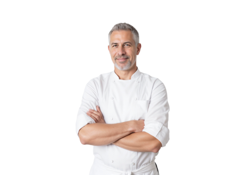 Chef stands confidently with arms crossed wearing a white uniform in a bright kitchen setting