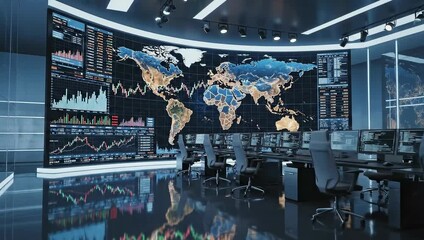 Futuristic Global Data Command Center with World Map Display and Computer Monitors - Powered by Adobe