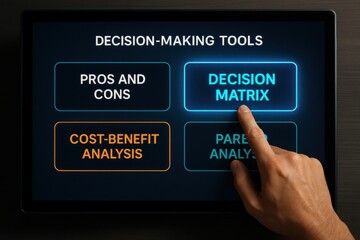 Hand selecting a decision-making tool on a digital interface, highlighting the decision matrix. Concept of strategic choices, analysis, and data-driven decision making.
