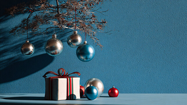 A minimalist blue-themed festive setting with a modern tree silhouette, shiny metallic baubles, and a present decorated with red and green ribbon, creating a refined and cheerful seasonal atmosphere 