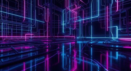 Abstract futuristic digital cityscape with glowing neon blue and pink vertical light lines reflecting on a dark wet surface