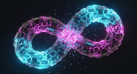 Abstract glowing infinity symbol formed from interconnected luminous geometric cells in vibrant neon blue and pink colors