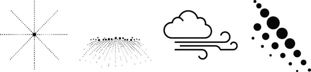 Abstract dotted geometric shapes and wind cloud line icon collection representing motion airflow particles dynamic pattern design for modern graphic illustration