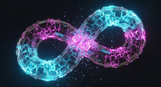 Abstract glowing infinity symbol formed from interconnected luminous geometric cells in vibrant neon blue and pink colors