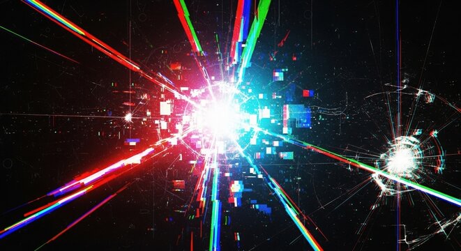 Explosion of vibrant multicolored light streaks and sparks radiating outwards from a bright central core against a dark background