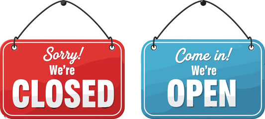 Colorful open and closed hanging signs for business shops, storefront signage illustration, retail door labels, commercial notice boards, vector design