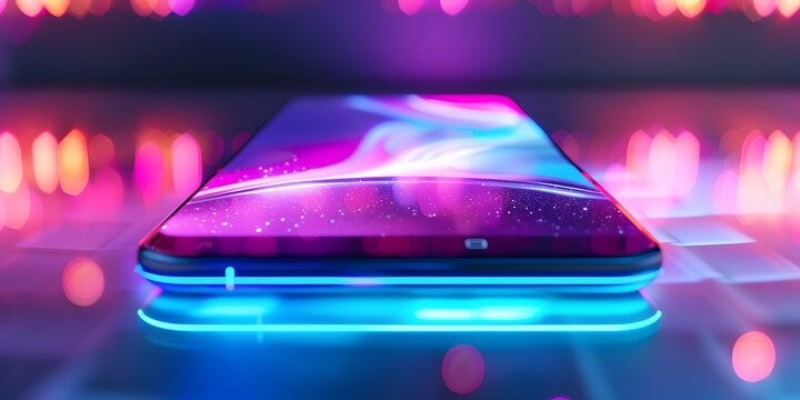 Futuristic smartphone displays vibrant galaxy on glowing neon platform