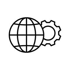 Global Settings Icon – Globe with Gear vector illustration, pictogram isolated on white background. color editable Black silhouette icon featuring a globe and a gear, representing global settings,