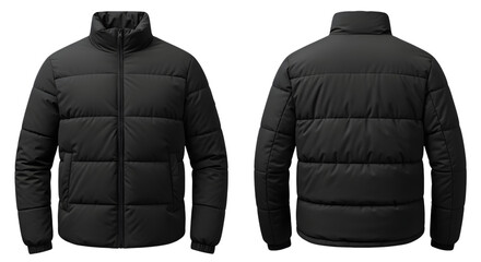Black puffer jacket, front and back views, a versatile and warm outerwear piece for cold weather, fashion, and outdoor use, isolated on transparent background